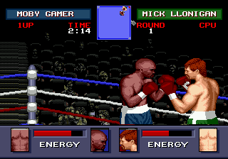 Evander Holyfield's "Real Deal" Boxing (Genesis) screenshot: The fighters study each other movements (or, the person taking screenshots can't fight and take at the same time).