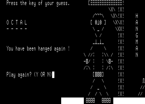 Gamepac 2 (Sol-20) screenshot: Getting hanged (Hangman)