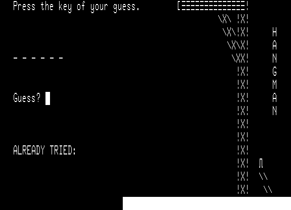 Gamepac 2 (Sol-20) screenshot: Starting out (Hangman)