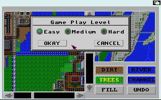 Sim City: Terrain Editor (Amiga) screenshot: You can set the Game Play Level for the map.