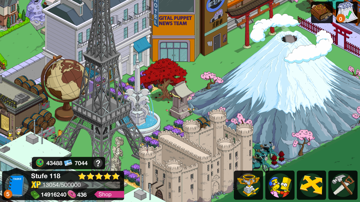 The Simpsons: Tapped Out (Android) screenshot: Travel destination: Springfield - Little Paris & Tokyo