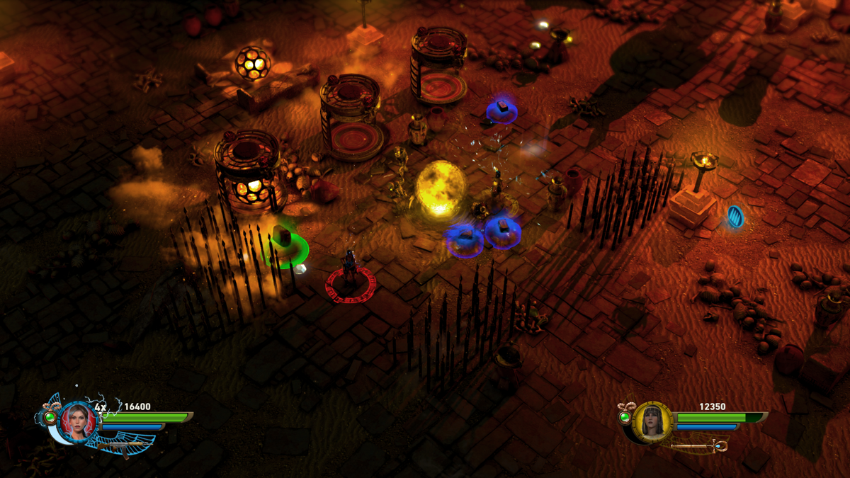 Lara Croft and the Temple of Osiris (Windows) screenshot: A later portion of the game. To stop monsters from spawning you need to destroy glowing spheres using the staff