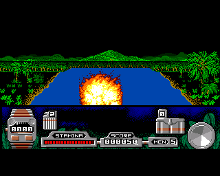 Butcher Hill (Amiga) screenshot: Dinghy went up in flames