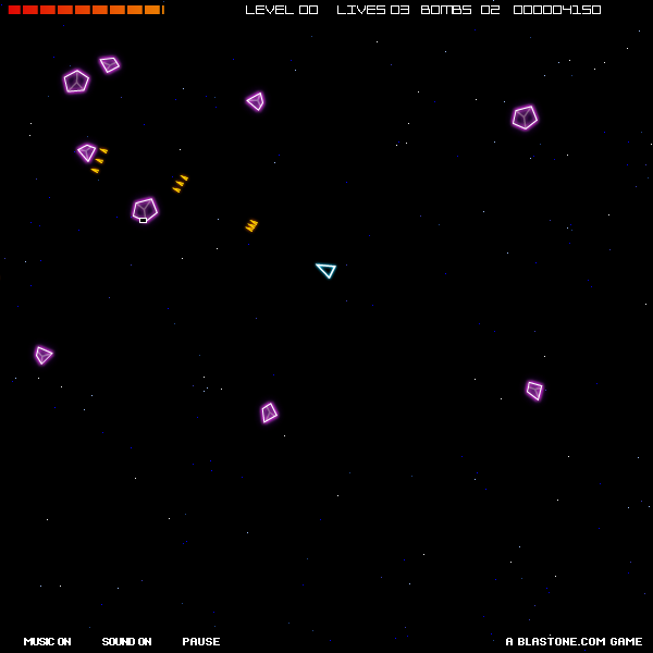 Vectoroids (Browser) screenshot: Shooting some small asteroids.