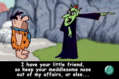 The Flintstones: Big Trouble in Bedrock (Game Boy Advance) screenshot: Meeting Dr. Sinister who tells you he has kidnapped Barney.