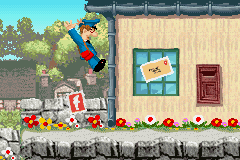 Postman Pat and the Greendale Rocket (Game Boy Advance) screenshot: Jumping high...