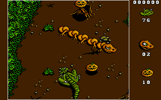MOT (Atari ST) screenshot: Later in the game Mot fights pumpkins and some other monster