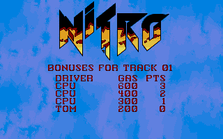 Nitro (Atari ST) screenshot: After each race you see how much bonus you got