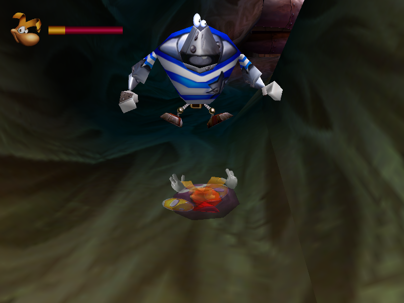 Rayman 2: The Great Escape (Windows) screenshot: Flattened by a robot