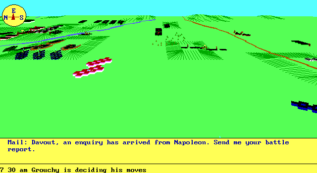 Borodino (DOS) screenshot: Once the initial movements are made, the commanders start sending out mail orders by horse-riders. The game-time delay is 15 minutes per command level.