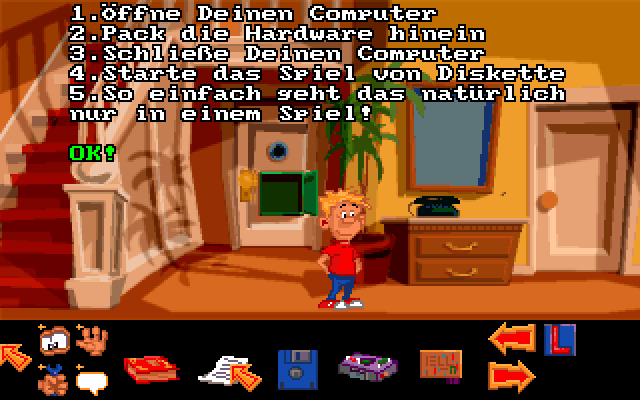 Tom Long: The Time Adventure (DOS) screenshot: After getting mom out of the way, Tom can get his game box, and read the installation instructions.