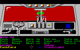 Zak McKracken and the Alien Mindbenders (Amiga) screenshot: Inside of the van turned spaceship on Mars.