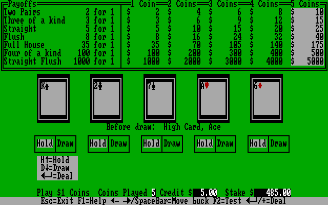 Vegas Pro Video Poker (DOS) screenshot: By default everything is held so you have to select which cards you want to draw again.