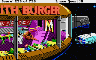 Space Quest III: The Pirates of Pestulon (Atari ST) screenshot: Docking at Monolith Burger.
