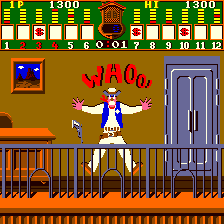 Bank Panic (Arcade) screenshot: You were too slow. A bandit has shot at you...