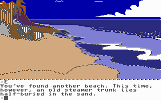 Mindshadow (Commodore 64) screenshot: On a beach near a chest.
