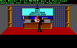Zak McKracken and the Alien Mindbenders (Commodore 64) screenshot: Zak talks to his boss in the game's intro.