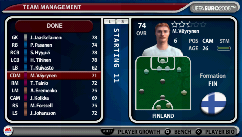 UEFA Euro 2008 (PSP) screenshot: Team management menu