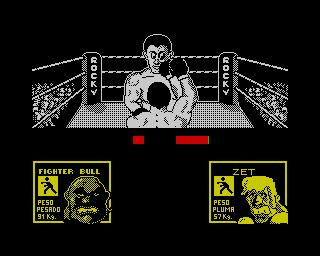 Rocco (ZX Spectrum) screenshot: Spanish original release (Dinamic version):<br> Opponents instead of evading blows, defend them. <i>Fighter Bull</i> just defended my right punch.