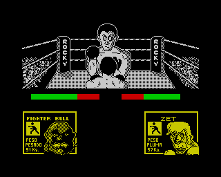 Rocco (ZX Spectrum) screenshot: Spanish original release (Dinamic version):<br> "Fighter Bull" is in fact a <i>Punch-out!!</i> <i>Bald Bull</i> copy. Take a look at the arcade's cabinet.