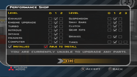 Midnight Club 3: DUB Edition (PSP) screenshot: Performance shop