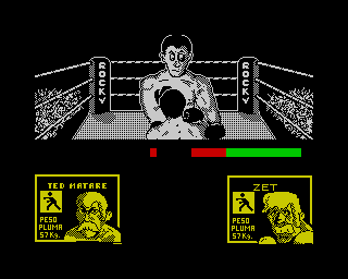 Rocco (ZX Spectrum) screenshot: Spanish original release (Dinamic version):<br> Evading <i>Ted Matare</i>'s left blow.
