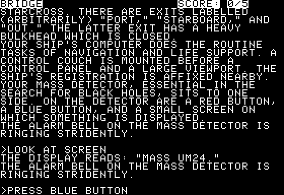 Starcross (Apple II) screenshot: Getting down to the action