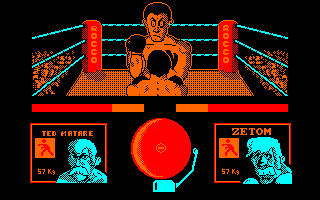 Rocco (Amstrad CPC) screenshot: Rocky: Spain retail version (tape).<br> <i>Ted Matare</i> is trying to hit me with his right punch.