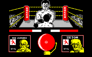 Rocco (Amstrad CPC) screenshot: Rocco: UK disk image.<br> Evading <i>Ted Matare</i>'s blow from the left.