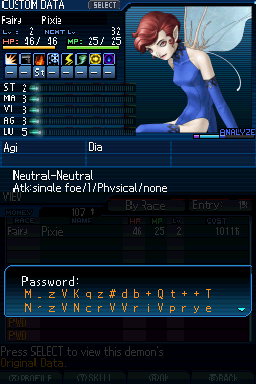 Shin Megami Tensei: Strange Journey (Nintendo DS) screenshot: Demons can be summoned through the use of the (GIGANTIC) password system.
