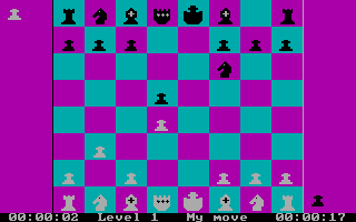 SPOC the Chess Master (DOS) screenshot: The AI chews over its next move (v1.0, CGA)