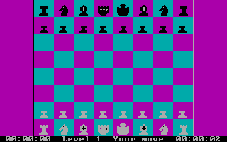 SPOC the Chess Master (DOS) screenshot: A new game, on level 1 (v1.0, CGA)