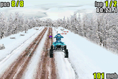 ATV: Quad Power Racing (Game Boy Advance) screenshot: The snow stage has a lot of sharp corners but the snow has absolutely no effect on handling.
