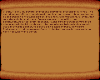 Testament (Amiga) screenshot: It seems to be written in some mystical ancient language. Or Czech.