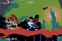 Earthworm Jim (Game Boy Advance) screenshot: Chased by a strange creature.