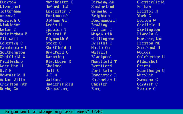 The Soccer Game (DOS) screenshot: From this screen you can change team names.