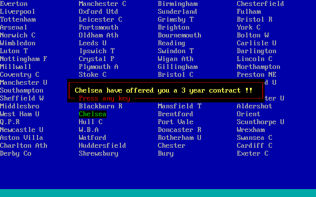 The Soccer Game (DOS) screenshot: I've got a 3 year contract!