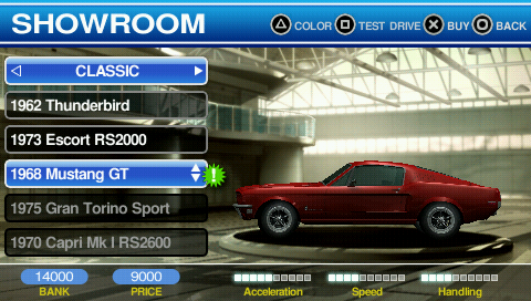 Ford Bold Moves Street Racing (PSP) screenshot: You can view obtained cars in the showroom.