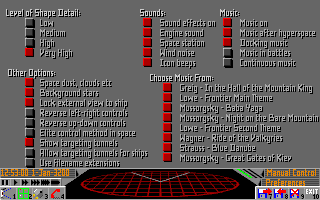 Frontier: Elite II (Amiga) screenshot: Options screen
