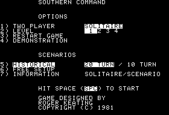 Southern Command (Apple II) screenshot: Title/setup screen.