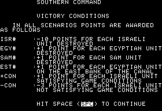 Southern Command (Apple II) screenshot: The point system.