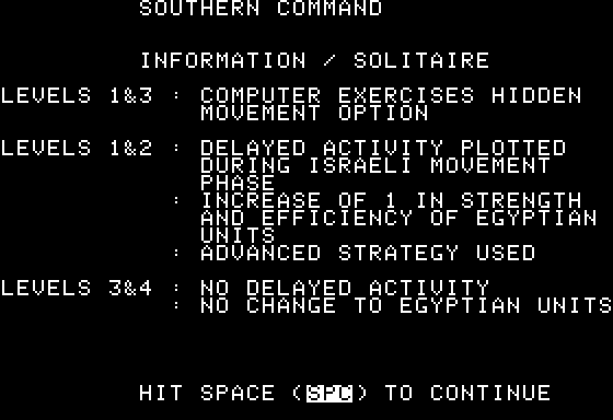 Southern Command (Apple II) screenshot: The first of many screens explaining the rules. This one has the difficulty options.