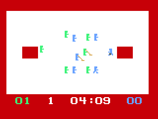 Hockey! / Soccer! (Odyssey 2) screenshot: The blue goalie holds the puck.