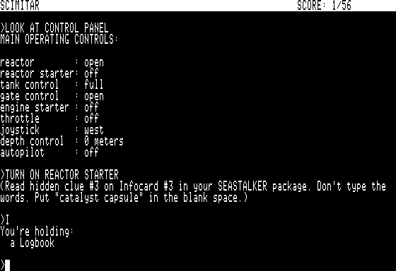 Seastalker (Apple II) screenshot: Operating the submarine