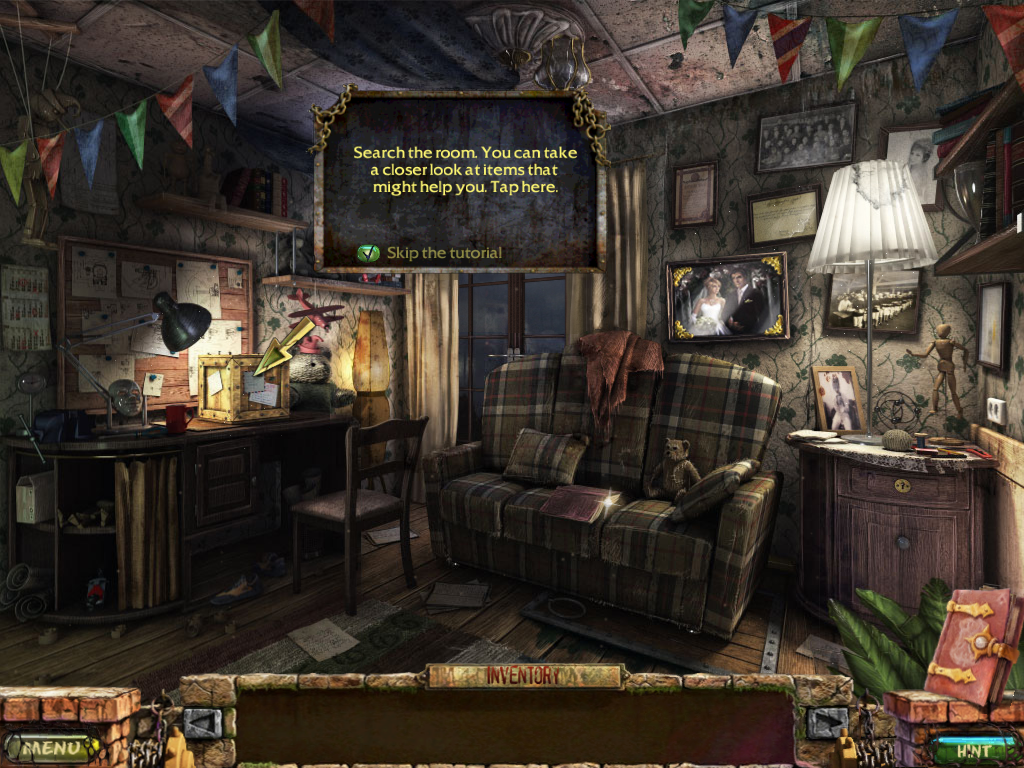 Stray Souls: Dollhouse Story (Collectors Edition) (iPad) screenshot: At the start of the game, it tries to give you a tutorial. You can disable this, if you want.