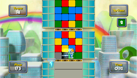 Go! Puzzle (PSP) screenshot: Skyscraper – Astronaut tumbling over different colored squares to the green one.