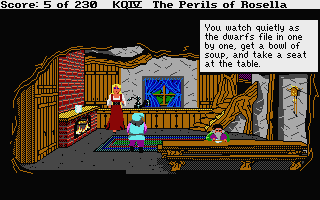 King's Quest IV: The Perils of Rosella (Atari ST) screenshot: Here come the dwarfs to eat.