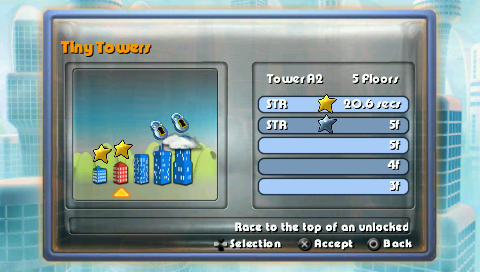 Go! Puzzle (PSP) screenshot: Skyscraper – tower selection screen