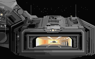 Epic (Atari ST) screenshot: Landing in a hanger.