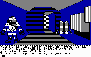 The Tracer Sanction (Commodore 64) screenshot: In your ship's storage room.